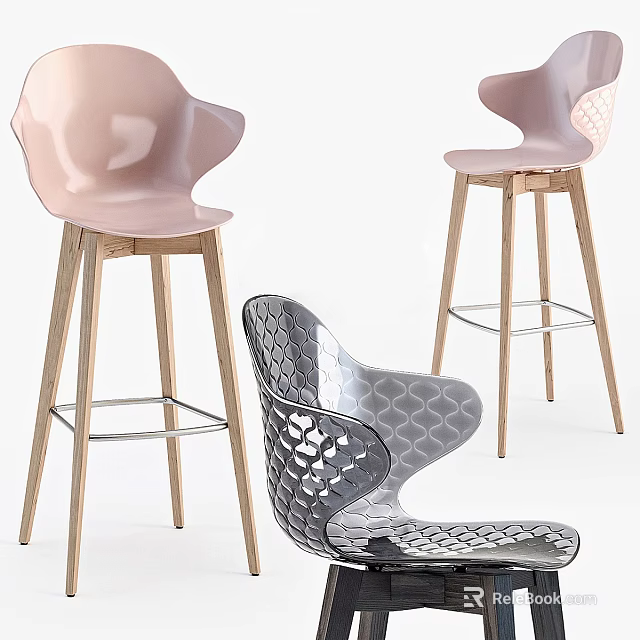 Modern Bar Stools With Wooden Legs And Sleek Hollow Pattern Seats In Pink Gray Tones 3d model 
