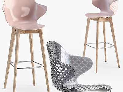 Modern Bar Stools With Wooden Legs And Sleek Hollow Pattern Seats In Pink Gray Tones 3d model