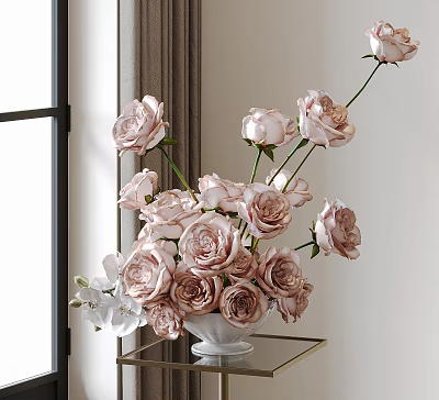 Delicate White Ceramic Vase With Pink Roses And White Orchids On Gold Table Near Window 3d model