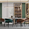 Modern Elegant Restaurant Interior With Dining Table Chairs Green Walls Wine Cabinet And Pendant Lights