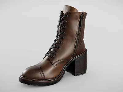 Brown Leather Stylish Boots With Lace Up Design Side Zip And Block Heel 3d model