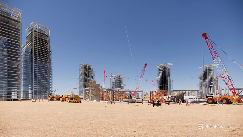 Active Construction Site Featuring Tall Buildings Cranes Heavy Equipment And Blue Sky 3d model 