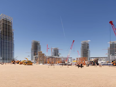Active Construction Site Featuring Tall Buildings Cranes Heavy Equipment And Blue Sky 3d model