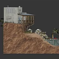 Cartoon Scene With Small House On Cliff Balcony Palm Trees Water Area And Small Boat