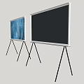 Two TVs on Tripod Stands with Blue Forest Snow Scene and Black Screen