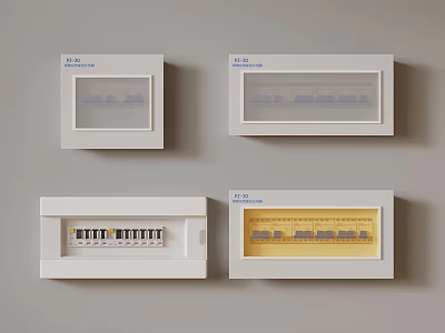 Four White Electrical Distribution Boxes With Different Internal Components Mounted On Wall 3d model