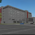 Modern Office Building With Glass Facade Stone Exterior Red Accent Stripes Trees And Street Cars