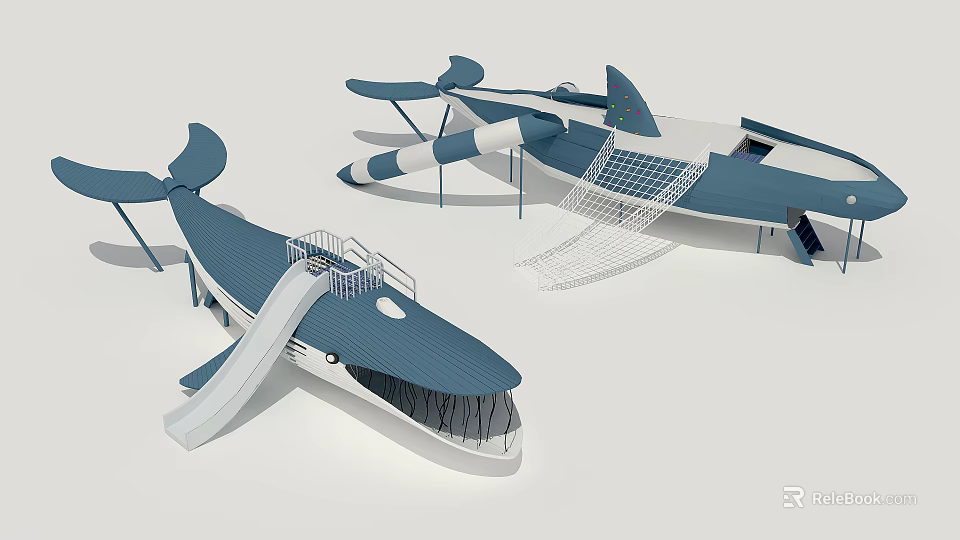 Whale Shaped Playground Equipment With Slide Climbing Net And Platform 3d model 