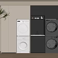 Laundry Room Interior Design With Washing Machine Dryer White Black Cabinets And Decorative Plant