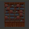 Traditional Brown Wooden Bookshelf With Shelves Filled Colorful Red Blue Books Cabinet Doors At Bottom