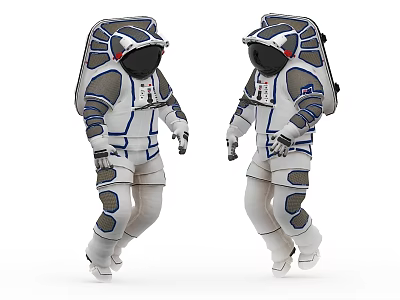 Two Men Wearing White And Blue Astronaut Suits With Helmet And Backpack 3d model