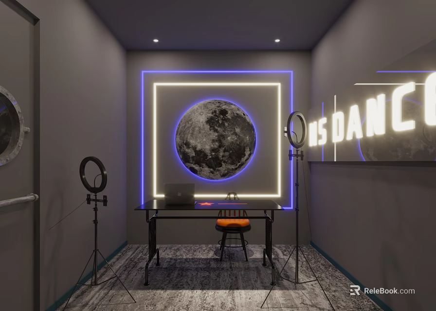 Modern Studio With Blue Neon Moon Design BIG BANG C Sign Ring Lights And Laptop 3d model 