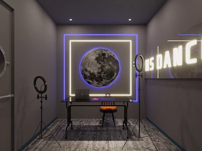 Modern Studio With Blue Neon Moon Design BIG BANG C Sign Ring Lights And Laptop 3d model