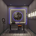 Modern Studio With Blue Neon Moon Design BIG BANG C Sign Ring Lights And Laptop