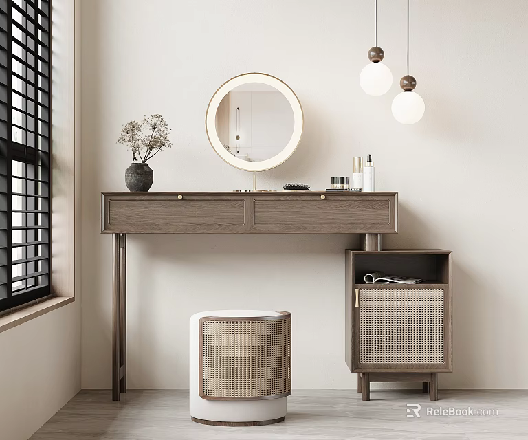 Minimalist Wooden Dressing Table With Round Mirror Rattan Stool And Pendant Lights 3d model 