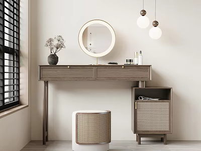 Minimalist Wooden Dressing Table With Round Mirror Rattan Stool And Pendant Lights 3d model