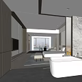 Luxurious Modern Hotel Room Interior With Marble Wall Bathtub And Floor To Ceiling Windows