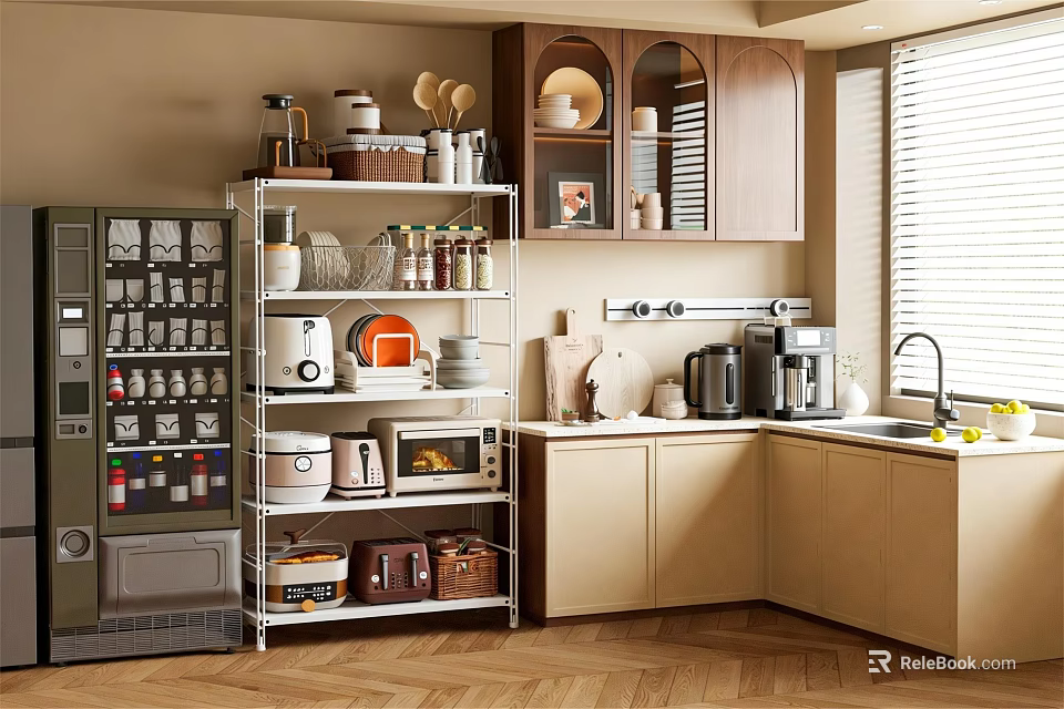 Modern Kitchen Interior With Multi tier Shelving Cabinets And Various Kitchenware 3d model 