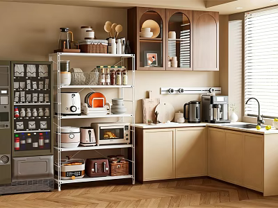 Modern Kitchen Interior With Multi tier Shelving Cabinets And Various Kitchenware 3d model