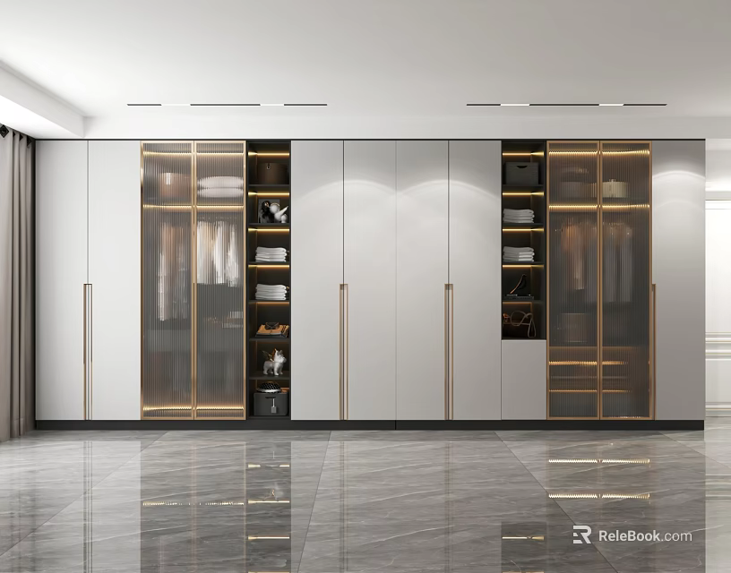 Modern Wardrobe Interior with Glass Doors Metal Handles Light Panels and Layered Storage Design 3d model 