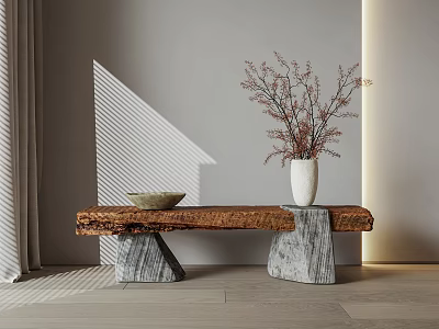 Quiet Old Wooden Bench Stone Bench Vase Ornaments Wooden Stool 3d model