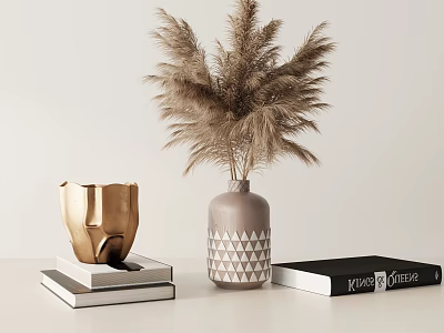 Ornamental Decor Combination with Gold Geometric Ornament Books Triangle Patterned Vase and Pampas Grass 3d model