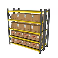 Multi Layer Metal Storage Rack With Labeled Cardboard Boxes On Shelves 3d model