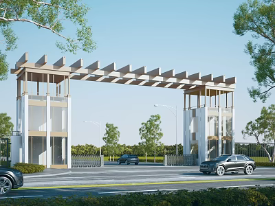 Modern Residential Entrance Gate With Wooden Pergola Roof And Twin Columns Surrounded By Trees 3d model