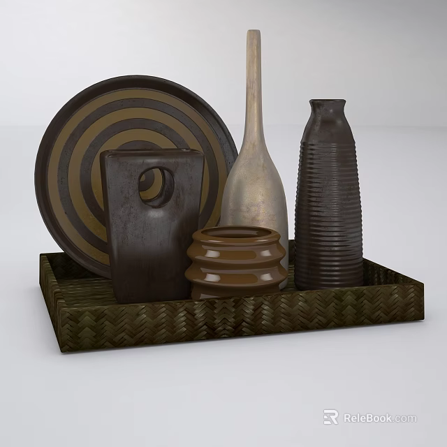 Decorative Ornament Set With Woven Tray Brown Plate Striped Vase And Various Shapes 3d model 