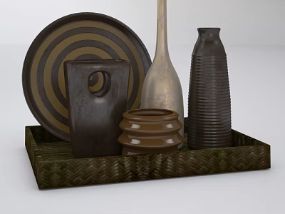 Decorative Ornament Set With Woven Tray Brown Plate Striped Vase And Various Shapes 3d model