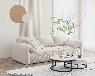 Modern Beige Sectional Sofa With Soft Velvet Upholstery Coffee Table And Potted Plant 3d model