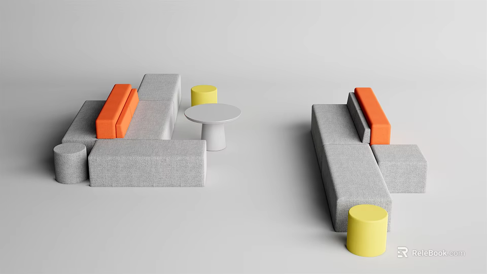 Modern Gray Sofa with Orange Cushions and Yellow Coffee Table Set 3d model