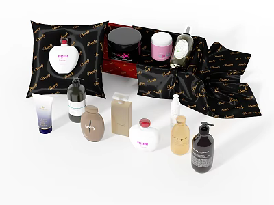 Stylish Bathroom Accessories With Various Colored Toiletry Bottles And Storage Pouch 3d model
