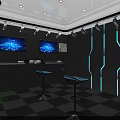 Modern Bar Counter Area With Blue Lighting TV Screens Stools Gray Walls And Checkerboard Floor