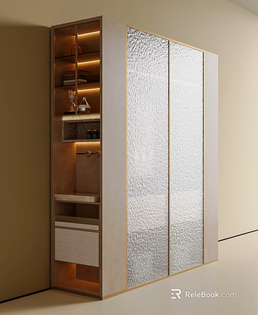 Modern Wardrobe Interior With Textured Glass Doors Open Shelves And Lighting 3d model 