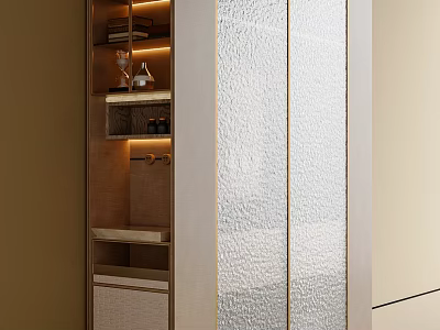 Modern Wardrobe Interior With Textured Glass Doors Open Shelves And Lighting 3d model