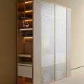 Modern Wardrobe Interior With Textured Glass Doors Open Shelves And Lighting