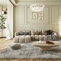 Beige L Shaped Velvet Sofa With Round Coffee Table And Decorative Pillows On Light Carpet
