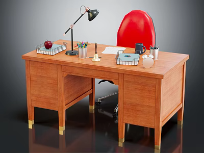 Wooden Office Desk With Red Chair Black Lamp Apple Notebook Colored Pencils Phone and Glass 3d model