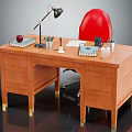 Wooden Office Desk With Red Chair Black Lamp Apple Notebook Colored Pencils Phone and Glass