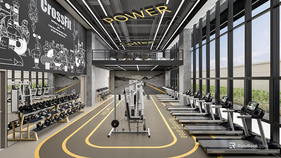 Modern Industrial Fitness Gym With Power Sign Treadmills Weightlifting Equipment And Yellow Floor Lines 3d model 