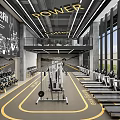 Modern Industrial Fitness Gym With Power Sign Treadmills Weightlifting Equipment And Yellow Floor Lines