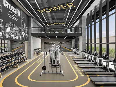 Modern Industrial Fitness Gym With Power Sign Treadmills Weightlifting Equipment And Yellow Floor Lines 3d model