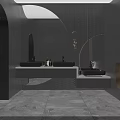 Modern Luxury Dark Tone Public Toilet With Double Vanity Sinks And Warm Ambient Lighting Design