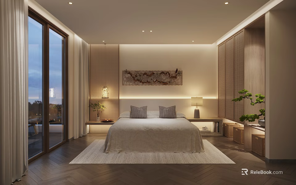 Modern Hotel Guest Room Interior With Large Bed Decorative Painting And Window View 3d model 