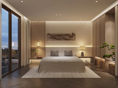 Modern Hotel Guest Room Interior With Large Bed Decorative Painting And Window View 3d model