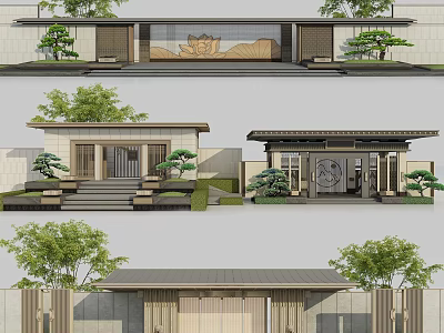 Traditional Oriental Entrance Gate Design With Wooden Doors Stone Walls And Decorative Plants 3d model