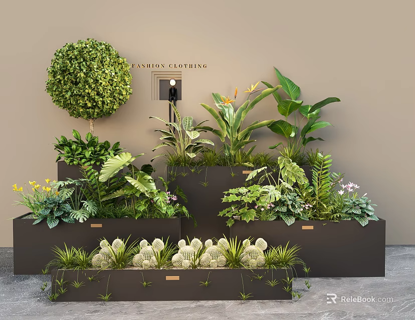 Lush Mixed Greenery With Succulents Ferns And Tropical Plants Outside Women's Clothing Store Black Planters 3d model 