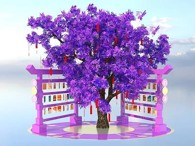 Ideal Photo Check In Spot With Purple Tree Pink Frame Bookshelves And Red Decorations 3d model