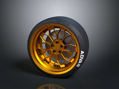Car Wheel Featuring Golden Rim Black Tire And ADVAN Brand Stylish Design 3d model